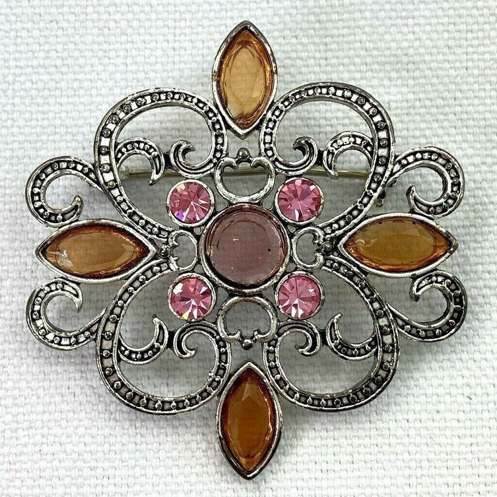 Brooch Pin Fashion Jewelry Rhinestones Amber Pink Silver Tone - Picture 6 of 9